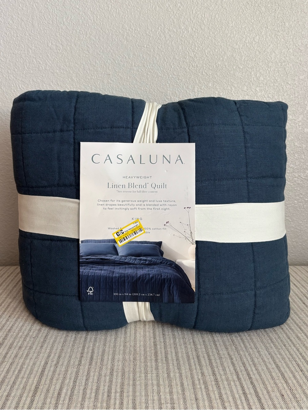 NWT King Heavyweight Linen Blend Quilt Dark Mineral Blue - Casaluna